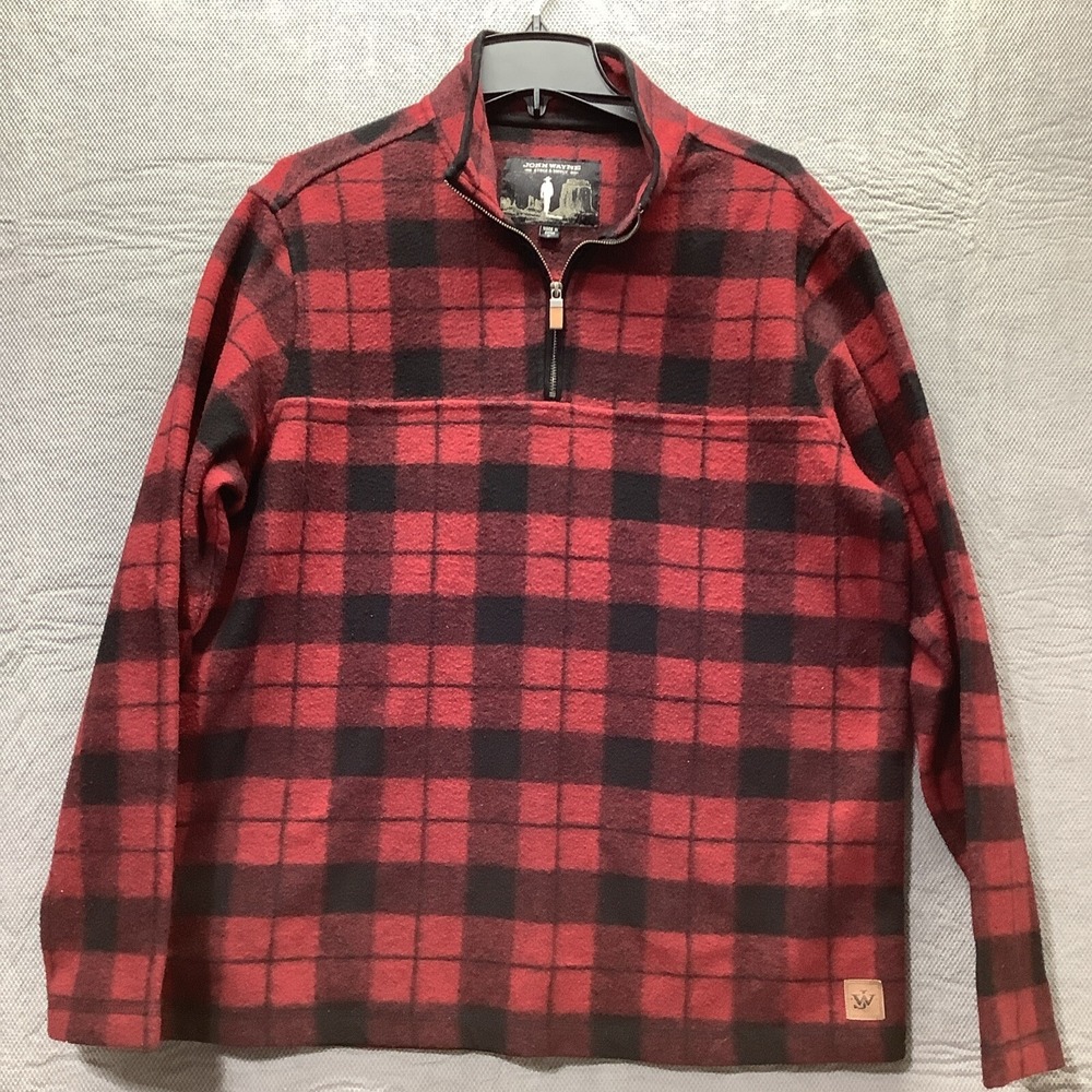 John Wayne Pullover Shirt JW Stock Supply Plaid Fleece 1/4 Zip LongSleeve Mens L